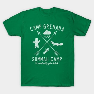 Green "Camp Grenada" T-shirt with summer camp graphic, casual cotton tee, perfect for outdoor activities.