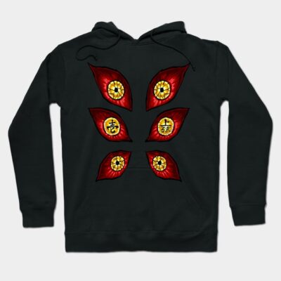 Black hoodie with red and yellow eye design, graphic style, cotton material, perfect for casual wear or street fashion.