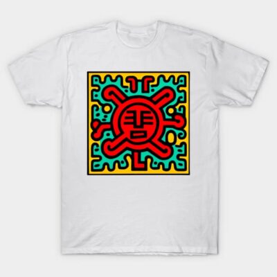 White t-shirt with colorful abstract design, featuring red, blue, and yellow patterns. Casual cotton tee for everyday wear.