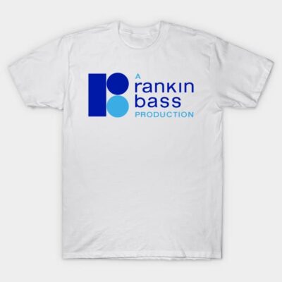 White t-shirt with blue "Rankin Bass Production" logo, casual style, cotton material, ideal for everyday wear.