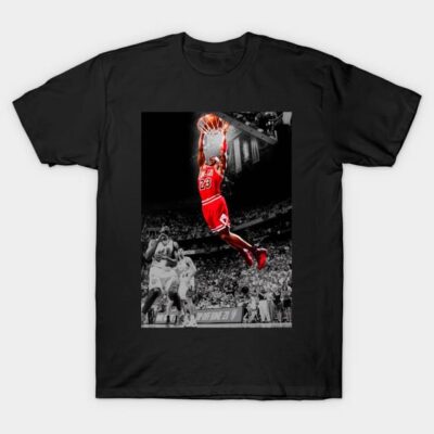 Black t-shirt with basketball player print, red uniform, dynamic action pose, casual wear, cotton material.