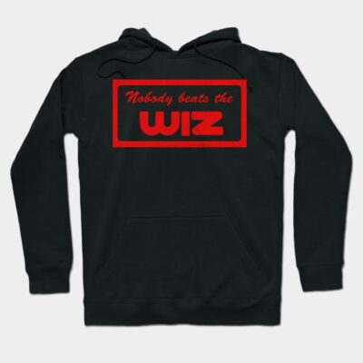 Black hoodie with red "Nobody Beats the Wiz" graphic, casual style, cotton blend, perfect for everyday wear.