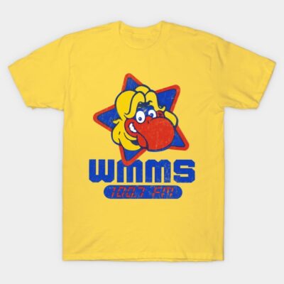 Yellow WMMS 100.7 FM graphic t-shirt with cartoon design, casual style, cotton material.