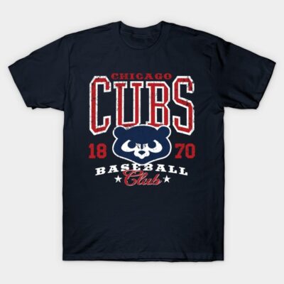 Navy blue Chicago Cubs baseball club t-shirt with vintage red and white graphics, 100% cotton, casual wear.