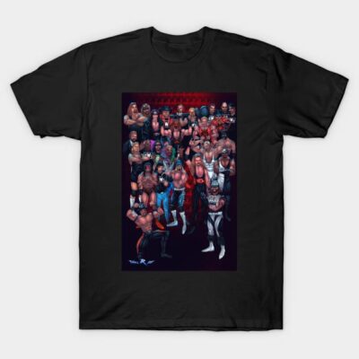 Black wrestling-themed graphic t-shirt featuring a colorful collage design, perfect for casual wear or sports events.