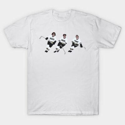White t-shirt with hockey player graphic, minimalist design, casual wear, cotton material, perfect for sports fans.