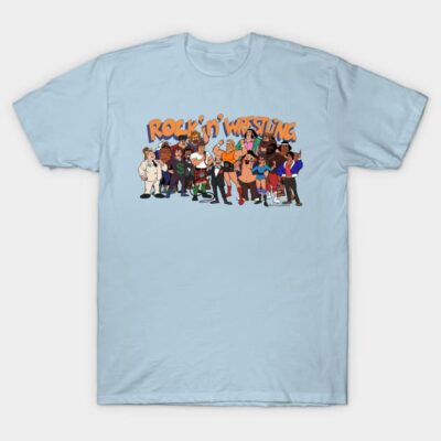 Light blue "Rock 'n' Wrestling" graphic T-shirt featuring colorful cartoon characters, casual style cotton tee.