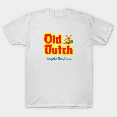 White "Old Dutch" graphic t-shirt featuring bold red and yellow text with a windmill design, casual wear.