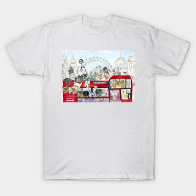White t-shirt with colorful London bus and dog illustration, cotton material, fun casual wear.