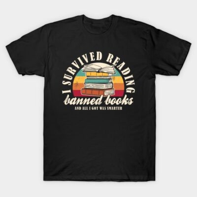 Black t-shirt with "I Survived Reading Banned Books" design featuring stacked books and retro sunset background.