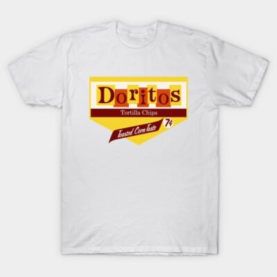 White t-shirt with vintage snack logo, featuring bold red and yellow design. Casual wear, soft cotton material.