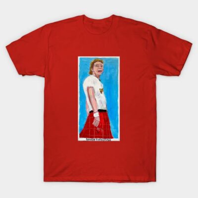 Red graphic tee with colorful abstract portrait design, short sleeves, casual cotton material, unisex style.