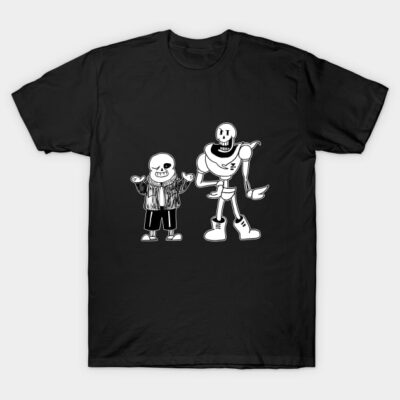 Black t-shirt featuring cartoon skeleton characters, casual style, perfect for fans of graphic tees.