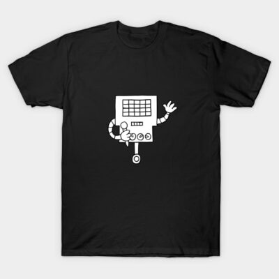 Black t-shirt with white graphic of a retro robot design, casual style, 100% cotton, unisex fit, perfect for everyday wear.