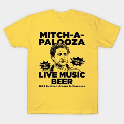 Yellow graphic T-shirt with "Mitch-a-palooza" text and live music theme, casual cotton style for events or casual wear.