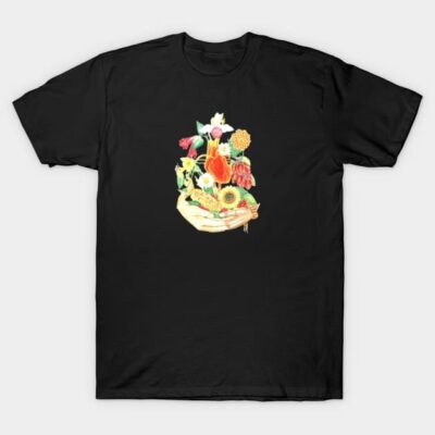 Black t-shirt featuring colorful floral bouquet graphic, casual style, soft cotton material, perfect for everyday wear.