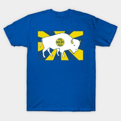 Blue t-shirt with graphic white buffalo and yellow accents, ideal for casual wear, 100% cotton, unisex.