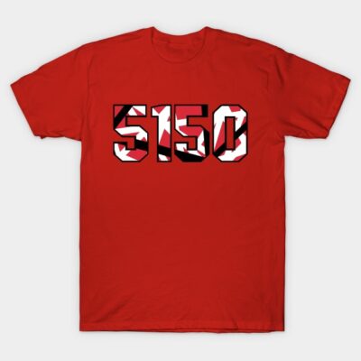 Red graphic t-shirt with bold "5150" design, casual style, cotton material, ideal for everyday wear.