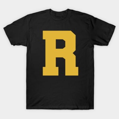 Black cotton T-shirt with large yellow letter "R" print on front, casual style. Ideal for everyday wear.