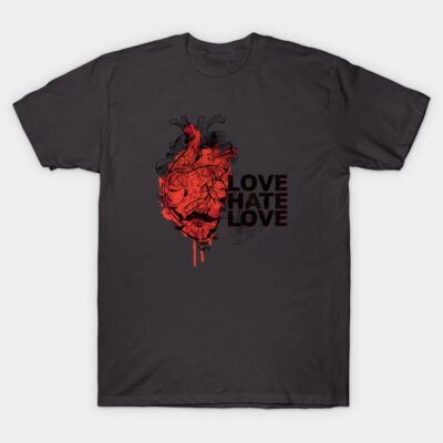 Black t-shirt with red anatomical heart design and "Love Hate Love" text, casual wear, cotton material.