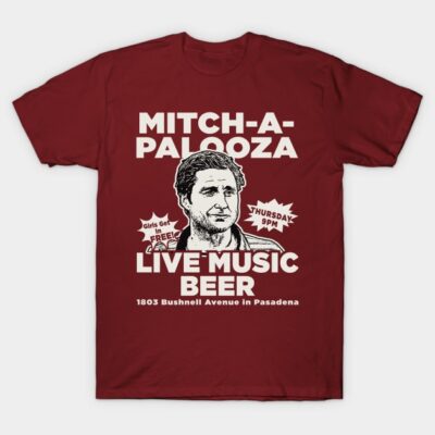 Red graphic tee featuring "Mitch-a-palooza" text with live music and beer theme, ideal for casual events.
