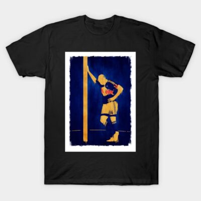 Black T-shirt featuring abstract soccer player art in blue and yellow tones, casual wear, cotton material.