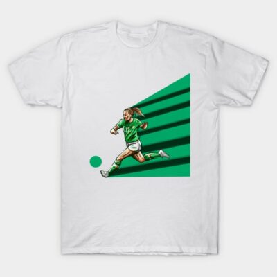 White t-shirt featuring a green soccer player graphic design, perfect for sports enthusiasts, 100% cotton.