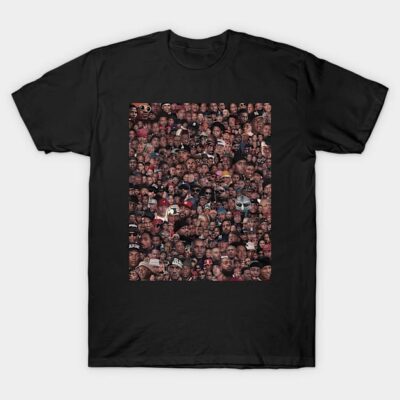Black cotton T-shirt with colorful collage print, casual wear, unisex style, perfect for everyday fashion.