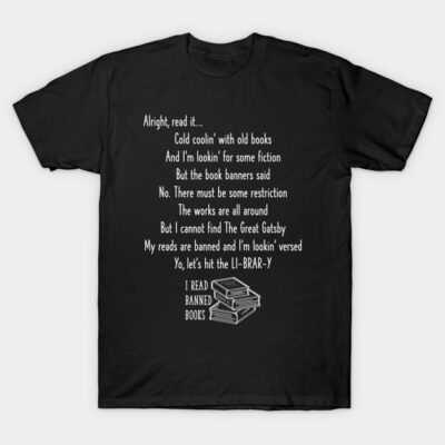 Black t-shirt with white text and book graphic, featuring a literary-themed quote, perfect for book lovers, cotton material.