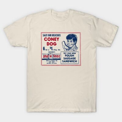 Vintage-style beige T-shirt with retro food advertisement print, perfect for casual wear and nostalgia lovers.