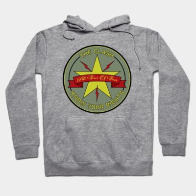 Gray hoodie with a vintage band logo design, featuring a star and text, made from soft cotton blend for casual wear.