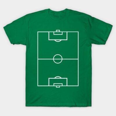 Green t-shirt with white soccer field graphic, casual style, 100% cotton, perfect for sports fans and casual wear.