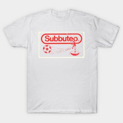 White Subbuteo t-shirt featuring vintage soccer graphic, casual style, cotton material, perfect for sports enthusiasts.