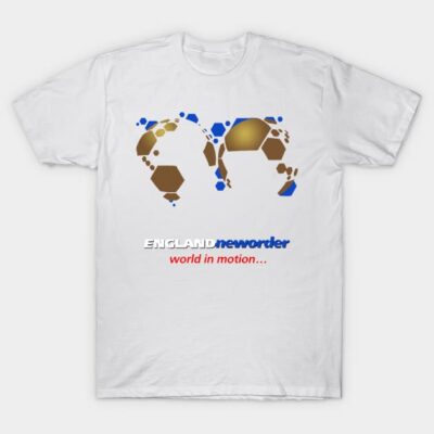 White t-shirt with abstract soccer design, featuring gold and blue accents, made from breathable cotton, casual wear.