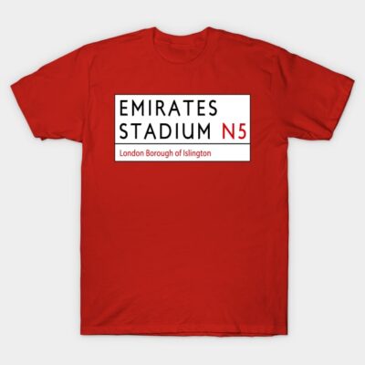 Red cotton t-shirt with Emirates Stadium N5 print, casual wear, unisex style, comfortable fit, perfect for sports fans.