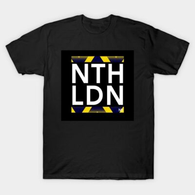 Black t-shirt with bold "NTH LDN" graphic, featuring yellow and blue accents. Casual wear, soft cotton material.