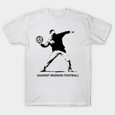 White t-shirt with "Against Modern Football" graphic, casual style, cotton material, ideal for sports enthusiasts.