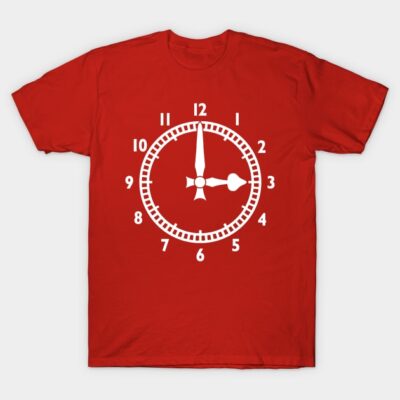Red t-shirt with white analog clock print, casual style, 100% cotton, perfect for everyday wear.