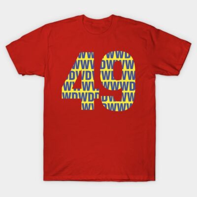 Red t-shirt with bold yellow and blue "49" design, casual style, made of soft cotton, perfect for everyday wear.