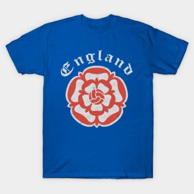 Blue t-shirt with "England" text and red rose emblem, casual wear, comfortable cotton material, unisex design.