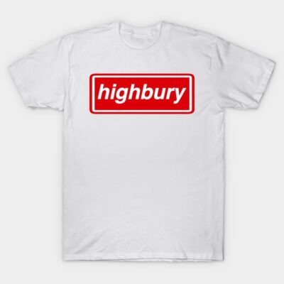 White T-shirt with red "highbury" logo, casual style, unisex, cotton material, perfect for everyday wear.