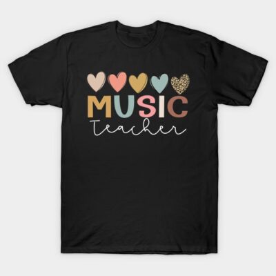 Black "Music Teacher" T-shirt with colorful hearts, casual style, cotton material, ideal for educators or music lovers.