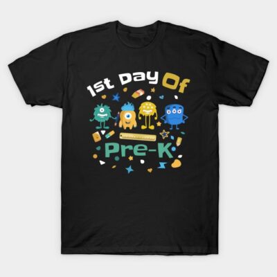 Black "1st Day of Pre-K" t-shirt with colorful cartoon monsters, ideal for children's school events.