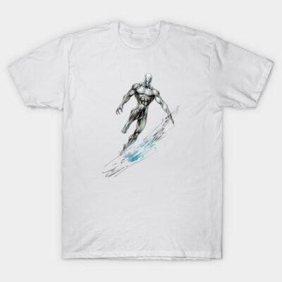 White t-shirt with futuristic character design, cotton material, casual style, perfect for everyday wear.