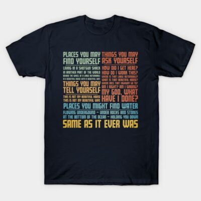 Navy blue graphic tee with colorful text design, casual unisex style, 100% cotton, perfect for everyday wear.