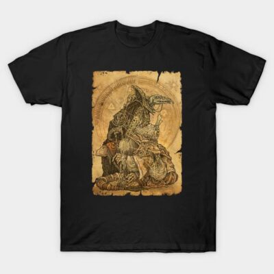 Black t-shirt featuring intricate fantasy art design, vintage style, ideal for casual wear or gifting.