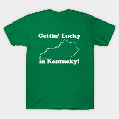 Green Kentucky-themed t-shirt with "Gettin' Lucky in Kentucky" text and state outline, casual wear.