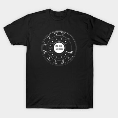 Black vintage rotary dial graphic t-shirt, retro style, casual wear, cotton fabric.