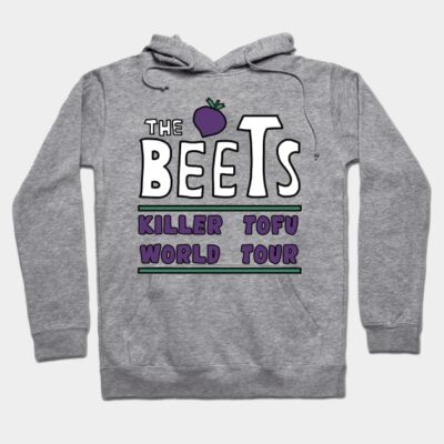 Gray hoodie with "The Beets Killer Tofu World Tour" print in white and purple. Casual wear, cotton blend material.