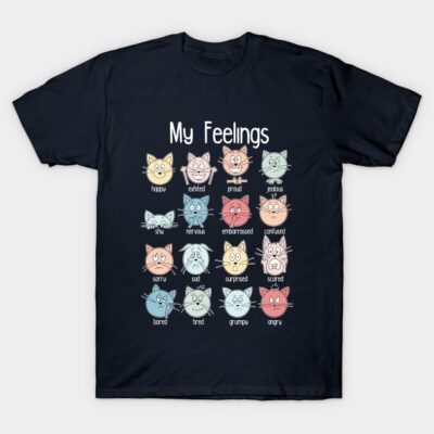 Navy blue T-shirt with colorful cat emotion icons and "My Feelings" text, casual style, cotton material.